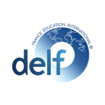 EIFA Logo of DELF (Diplôme détudes en langue française) featuring the word delf with a blue gradient circle. At the top, a map outline and France Éducation International appear in curved text, symbolizing bilingual education and EIFAs commitment to fostering global understanding.