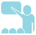 EIFA A blue stick figure stands pointing at a rectangular board, suggesting they are teaching or presenting at EIFA. In front of the figure are three semi-circular shapes, representing a bilingual audience or a group of people in a diverse school setting.