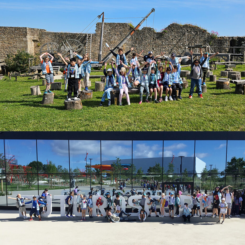 EIFA A group of children from a bilingual school poses outdoors. In the top image, they sit on tree stumps in a grassy area with wooden structures behind them. In the bottom, they stand proudly before EIFAs modern building, its reflective windows and large letters gleaming in the sunlight.