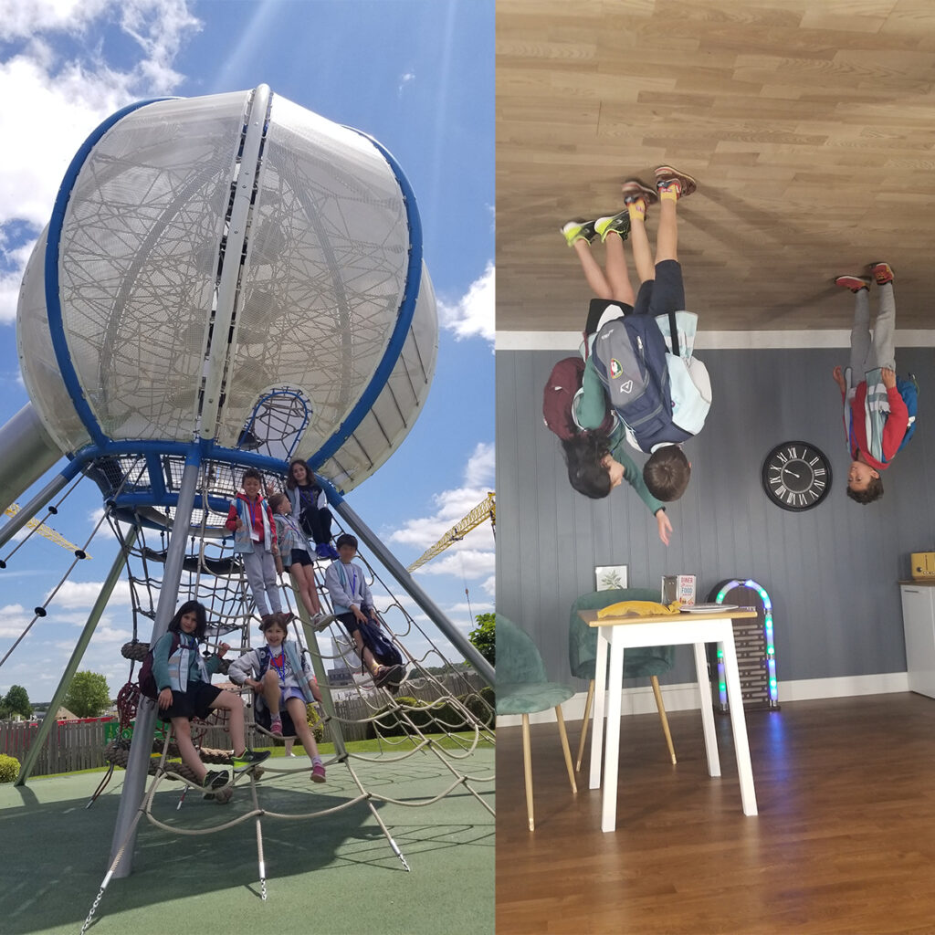 EIFA Left: In a vibrant London playground, bilingual children climb a large, netted play structure under the sunny sky. Right: A playful room appears upside down, with kids from the school seemingly walking on the ceiling next to furniture and a clock.
