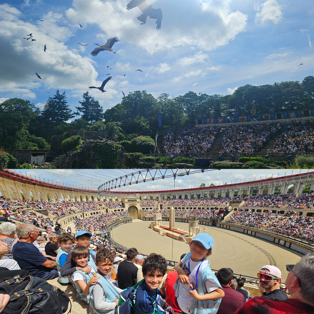 EIFA In a crowded outdoor amphitheater near London, with an arena in the center, birds fly overhead in a clear blue sky. Families and school groups, some speaking bilingual languages, sit in the stands wearing casual clothes and hats. Lush greenery surrounds the top half of the scene.