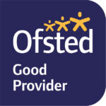 EIFA Blue badge with Ofsted Good Provider in white text. Above Ofsted, three stylized yellow figures of different sizes represent growth or progression. The badge, often associated with EIFA London School, features a rounded top right corner.