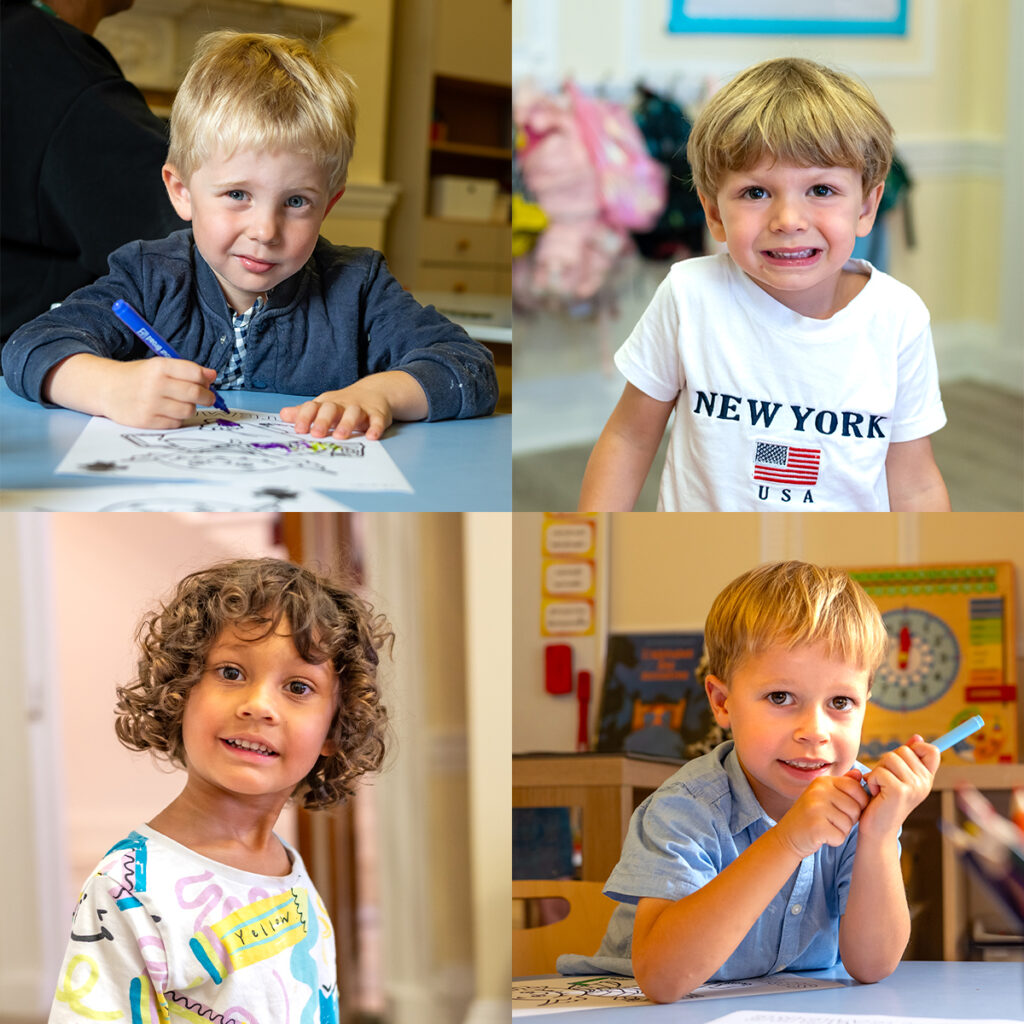 EIFA Quatre jeunes enfants dans différents contextes à lécole EIFA. En haut à gauche : un enfant bilingue dessine avec un crayon bleu. En haut à droite : un enfant souriant portant un t-shirt « New York USA ». En bas à gauche : un enfant rayonnant portant un haut coloré. En bas à droite : un enfant tenant un crayon près dune feuille de papier, prêt pour la tâche suivante.