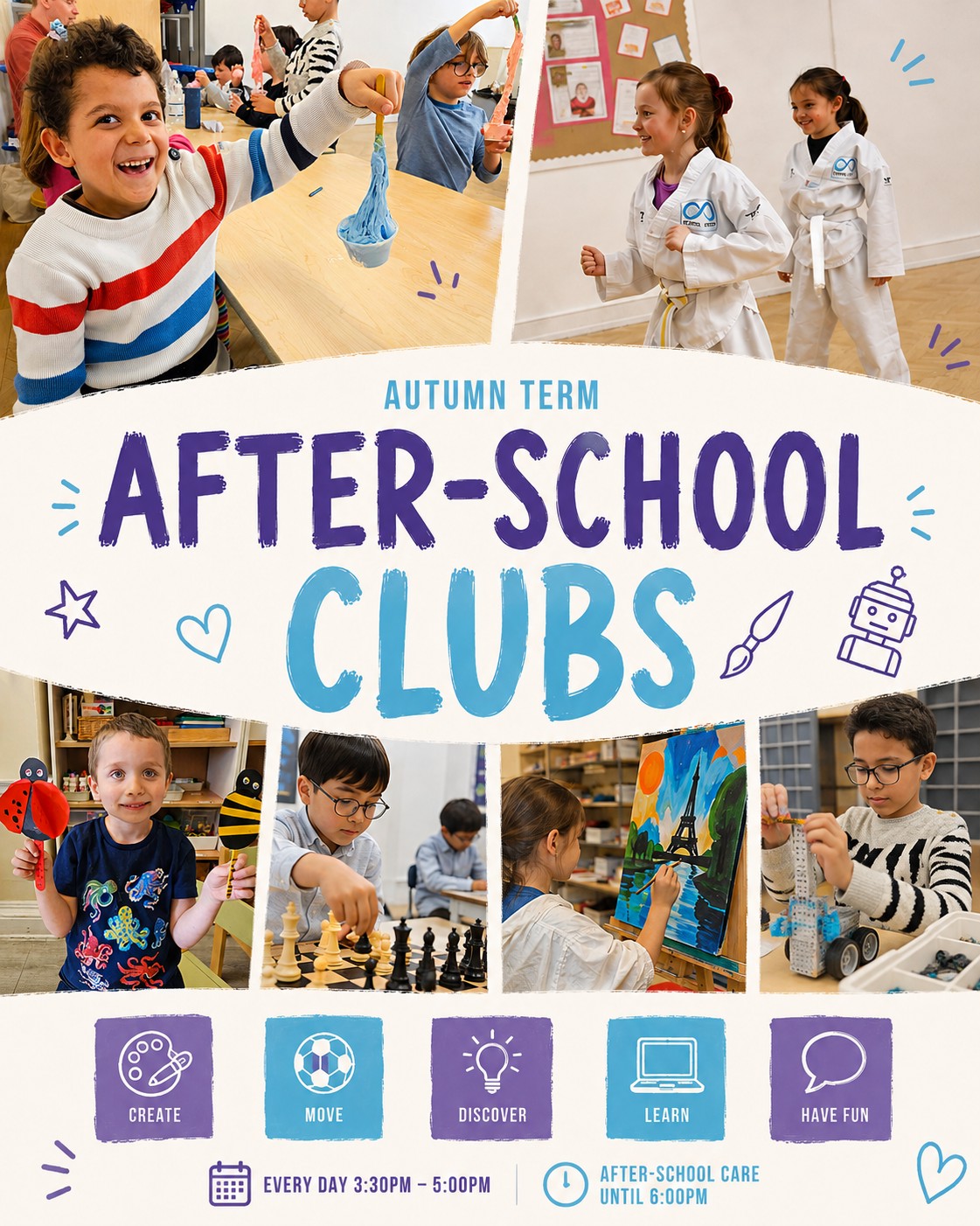 EIFA Les enfants participent à diverses activités proposées par les clubs périscolaires, notamment des ateliers de loisirs créatifs, de peinture, de sciences, d’échecs et d’arts martiaux. Mettant en avant des thèmes tels que la Journée mondiale de l’alimentation, l’affiche fait la promotion des clubs périscolaires pour le trimestre d’automne à l’aide d’icônes et d’une mise en page joyeuse.