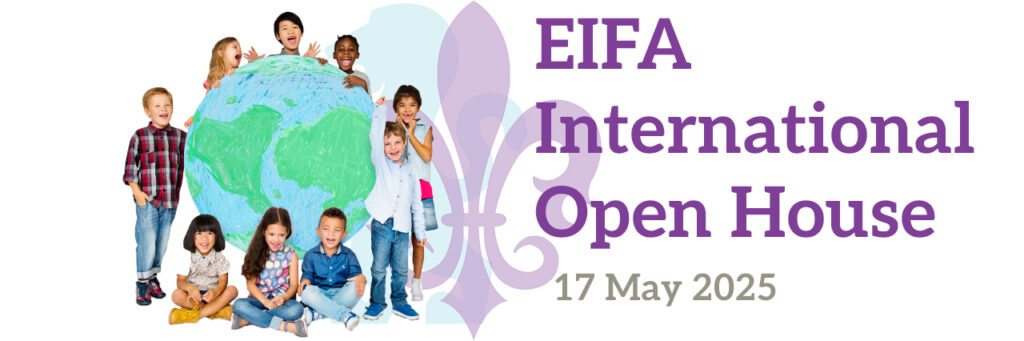 EIFA A group of diverse young children smiling and standing around a large globe, next to text that reads: “EIFA International Open House, 17 May 2025” with a lavender fleur-de-lis symbol in the background.