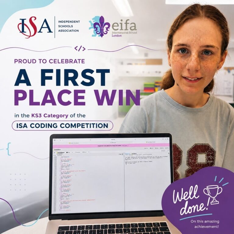 EIFA Un jeune élève sourit à côté d'un ordinateur portable sur lequel s'affiche un travail de programmation. Le texte célèbre la première place remportée dans la catégorie KS3 du concours de programmation de l'ISA. On aperçoit les logos de l'ISA et de l'EIFA, avec un badge « Bravo » au premier plan.
