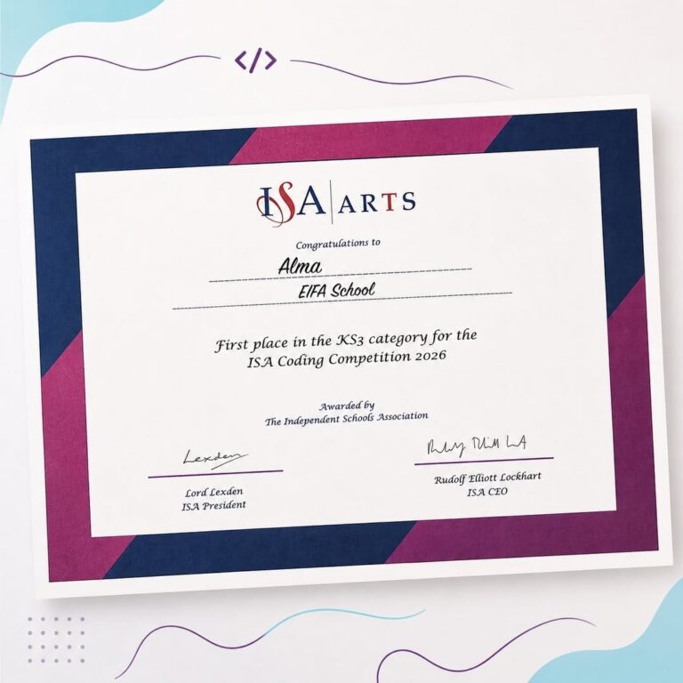 EIFA Un certificat portant le logo « ISA Arts », remis à Alma par l'école EFIA pour sa première place dans la catégorie XS3 du concours de programmation ISA 2026, signé par la présidente de l'ISA, Lori Lexden, et le PDG de l'ISA, Rudolf Elliott Lockehart.
