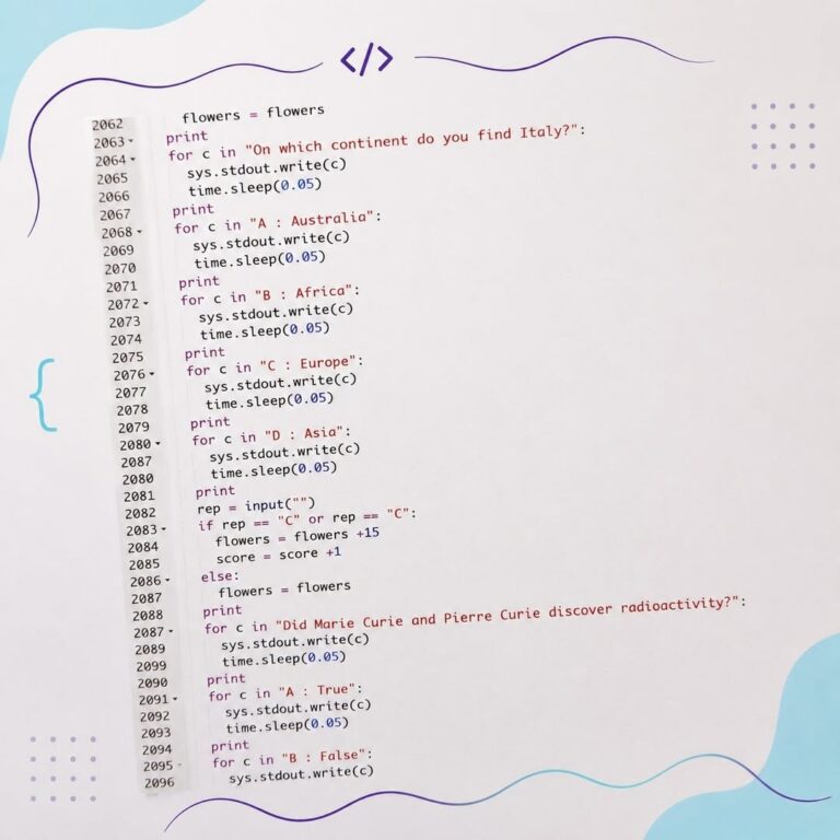 EIFA Photo en gros plan d'un extrait de code Python imprimé sur du papier blanc, entouré de bordures abstraites colorées dans les tons de bleu et de violet. Le code comprend des questions de quiz sur la géographie et les sciences, et utilise les fonctions `print` et `input`.