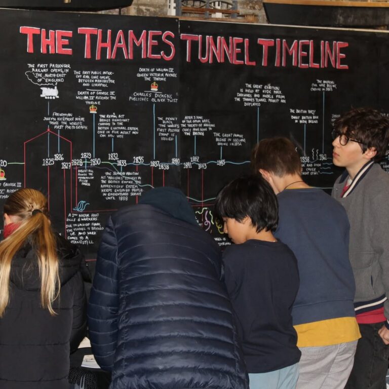 EIFA A group of children stand in front of a large blackboard titled The Thames Tunnel Timeline, reading and studying the illustrated historical timeline written in chalk.