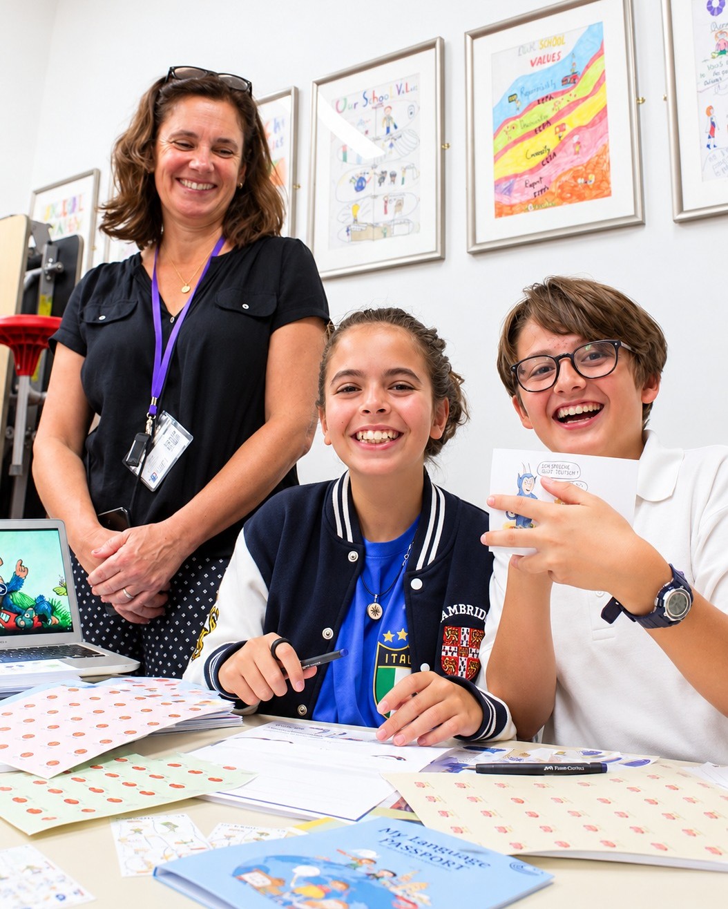 EIFA Une enseignante souriante se tient derrière deux collégiens qui rient tout en travaillant sur un projet d'apprentissage des langues à leur pupitre.