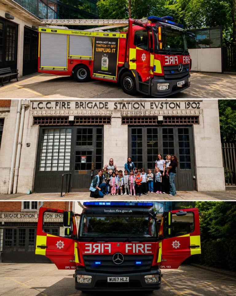 EIFA 1. A red fire engine with yellow accents is parked with closed shutters, trees in the background. 2. A group of children and adults pose outside an old fire brigade station building. 3. A fire engine with open doors is parked facing forward.