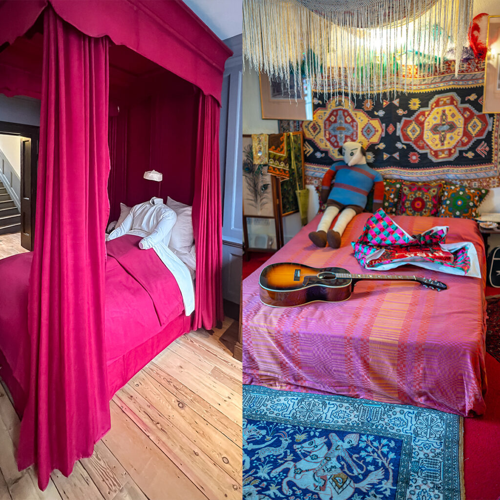 EIFA Image divisée de deux chambres colorées. À gauche : un lit à baldaquin rouge avec un oreiller et une couverture bleu clair sur un plancher en bois, parfait pour une retraite bilingue. À droite : une chambre colorée rappelant un dortoir décole londonien, avec une poupée en peluche, une guitare, des oreillers à motifs sur un couvre-lit rose et des tapis décoratifs.