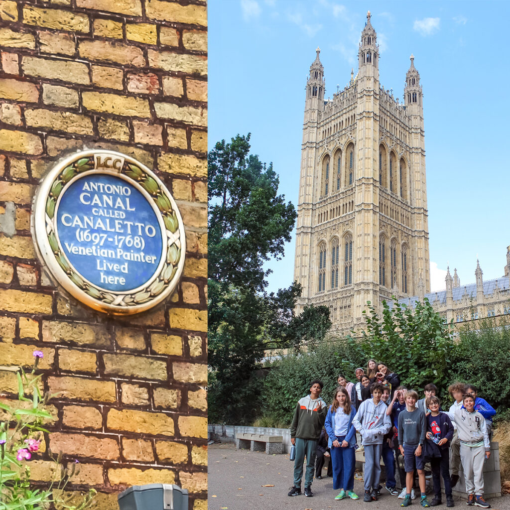 EIFA A plaque on the brick wall reads Antonio Canal called Canaletto (1697-1768) Venetian Painter Lived here. Nearby, a group from EIFA stands smiling in front of a large, ornate Gothic building under the blue London sky.