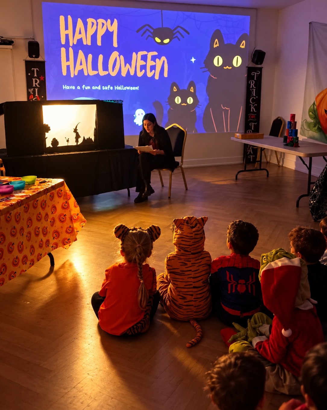 EIFA A woman performs a shadow puppet show for children in Halloween costumes at an International Open Day, with a large Happy Halloween projection on the wall behind them.
