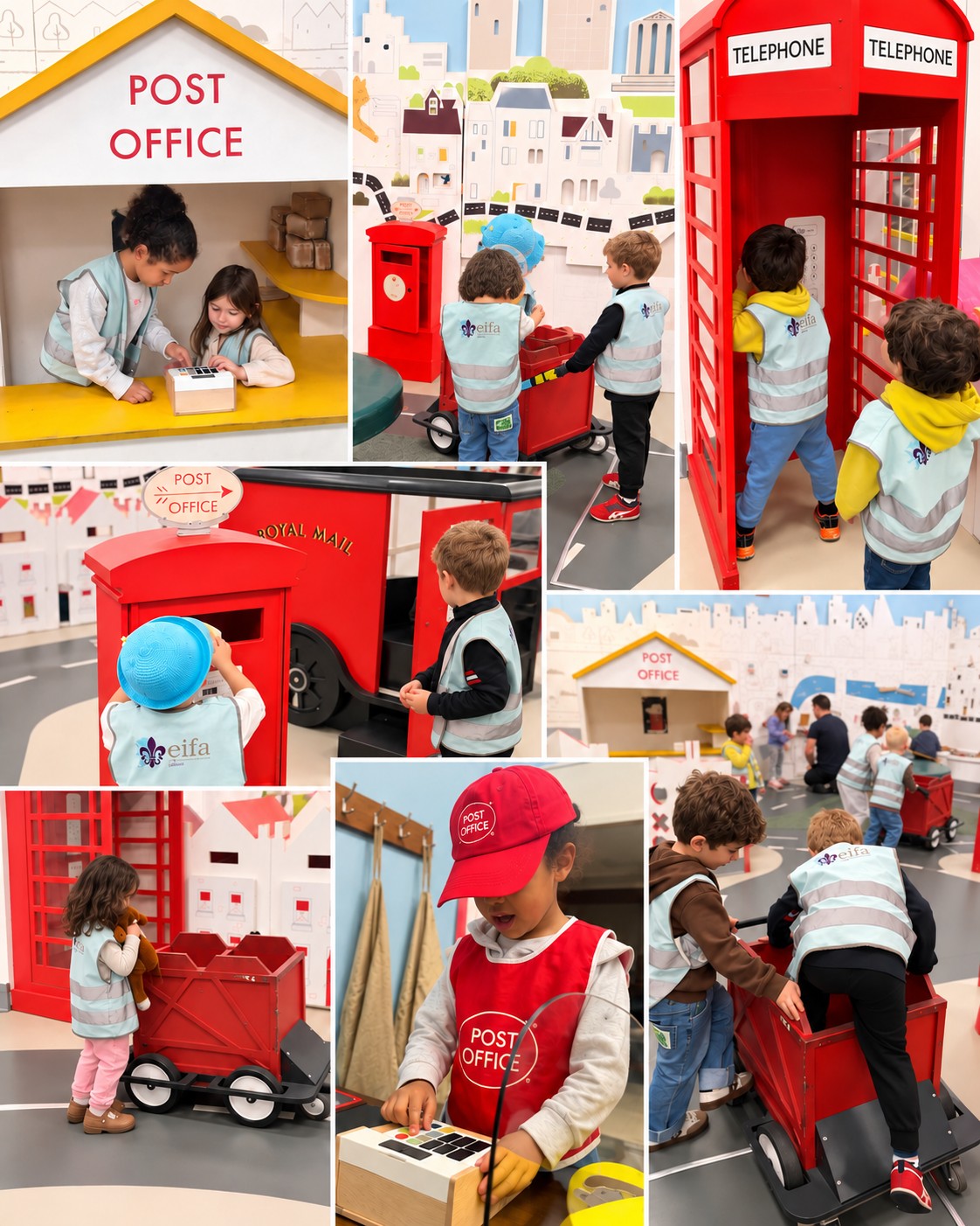 EIFA Children wearing branded vests play in an International Open Day postal service-themed roleplay area, featuring a miniature post office counter, a red telephone box, and a toy mail cart.