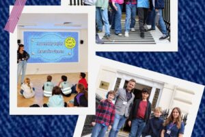 EIFA Three photos show children and adults at a school event. They wear blue jeans and pose outside and inside, celebrating International Open Day. A screen reads Assembly 21/9/23 Jeans for Genes. Bottom text: Jeansforgenes.org.