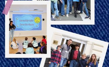 EIFA Three photos show children and adults at a school event. They wear blue jeans and pose outside and inside, celebrating International Open Day. A screen reads Assembly 21/9/23 Jeans for Genes. Bottom text: Jeansforgenes.org.