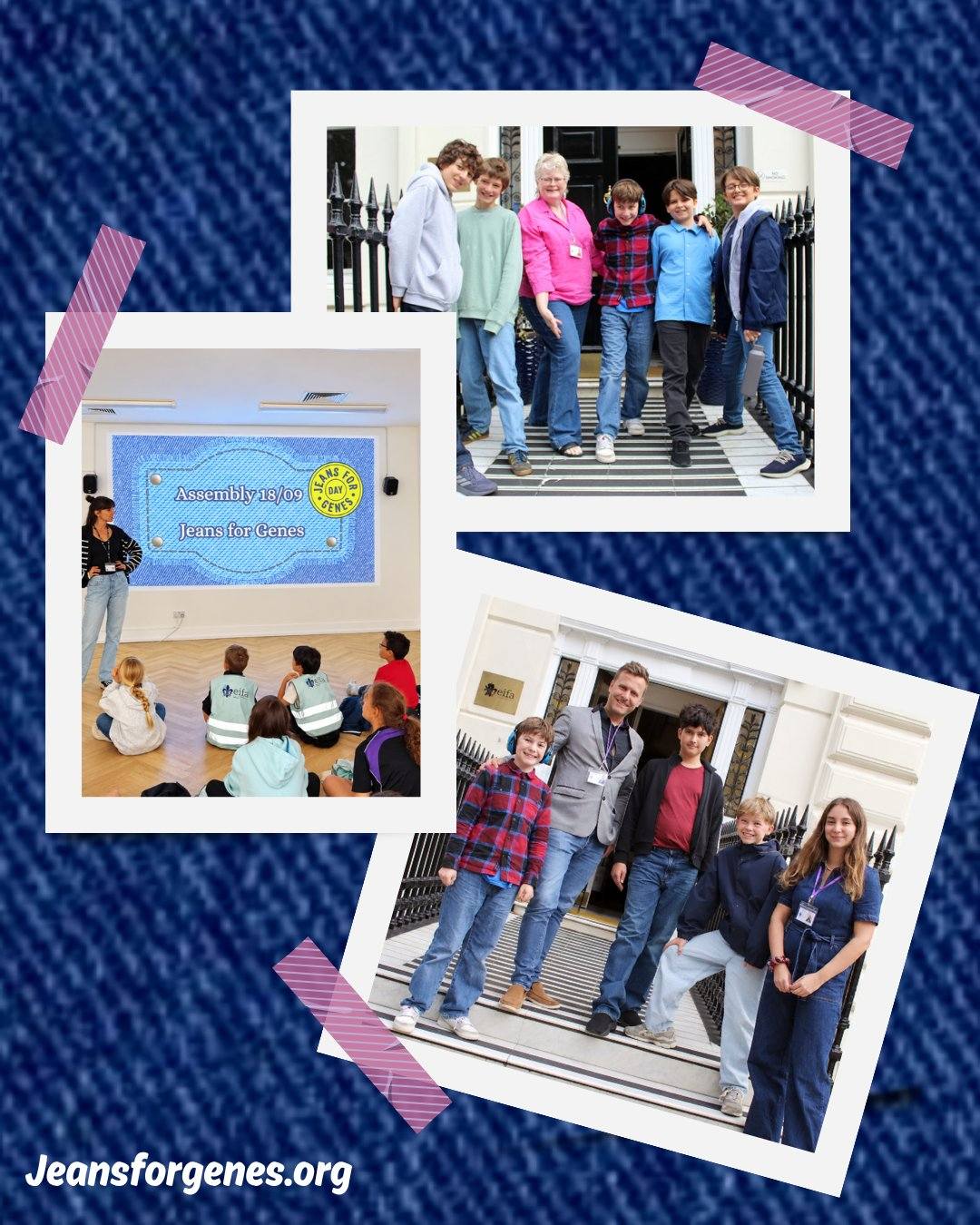 EIFA Three photos show children and adults at a school event. They wear blue jeans and pose outside and inside, celebrating International Open Day. A screen reads Assembly 21/9/23 Jeans for Genes. Bottom text: Jeansforgenes.org.