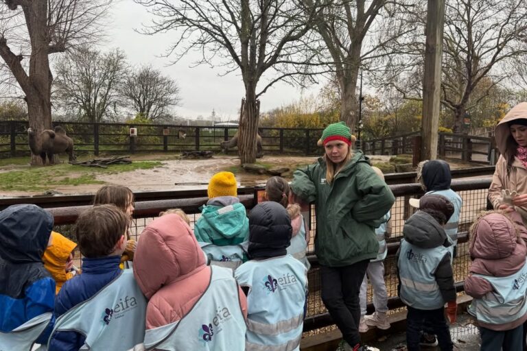 EIFA A group of children in light blue vests stand near a fence at a zoo during International Open Day, watching a rhinoceros in its enclosure. Two adults supervise; one wears a green jacket and red-green hat, the other a pink coat. Trees and cloudy sky are visible.