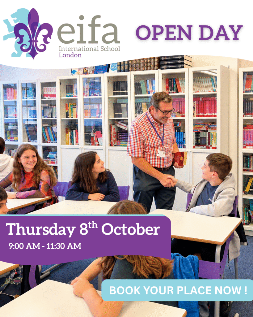 EIFA A teacher shakes hands with a student in a classroom as other students watch. Text reads EIFA International School London Open Day, Thursday 8th October, 9:00 AM - 11:30 AM. Join our International Open House—book your place now!.