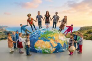 EIFA Children from diverse backgrounds in colorful clothing stand holding hands around a large globe outdoors, celebrating International Open Day and symbolizing unity and global friendship beneath a bright sky.