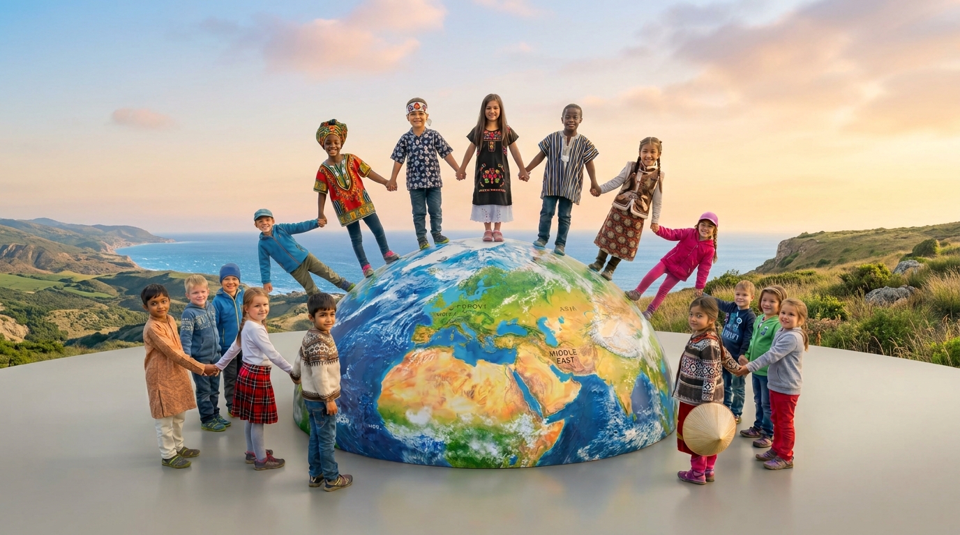 EIFA Children from diverse backgrounds in colorful clothing stand holding hands around a large globe outdoors, celebrating International Open Day and symbolizing unity and global friendship beneath a bright sky.