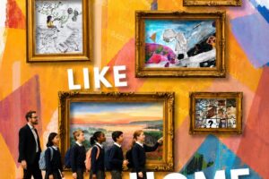 EIFA A teacher leads six children past a colorful wall of framed art. Large text reads “No place like home.” At the bottom, it highlights the 2026 UNHCR Art & Poetry Competition for International Open Day.
