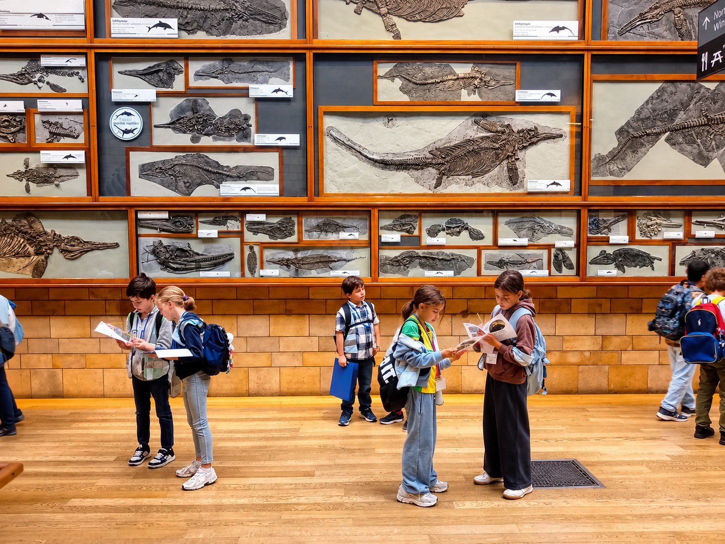 EIFA A group of children stand in front of a wall of framed marine reptile fossils in a museum, holding pamphlets and looking at the displays.
