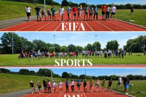 EIFA Three photos of groups standing on a running track and grass field, with the words EIFA SPORTS DAY overlaid in large white letters. Captured during our International Open Day, the participants appear ready for a race or group activity outdoors.