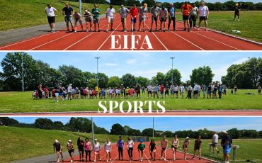 EIFA Three photos of groups standing on a running track and grass field, with the words EIFA SPORTS DAY overlaid in large white letters. Captured during our International Open Day, the participants appear ready for a race or group activity outdoors.