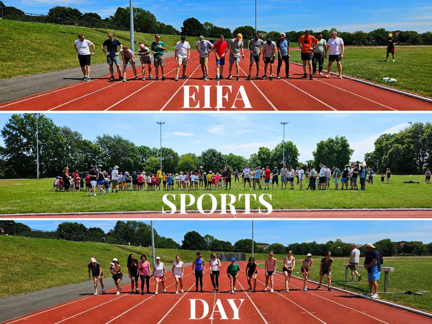 EIFA Three photos of groups standing on a running track and grass field, with the words EIFA SPORTS DAY overlaid in large white letters. Captured during our International Open Day, the participants appear ready for a race or group activity outdoors.
