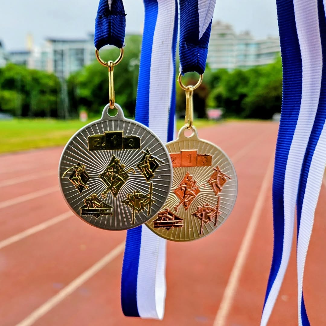 EIFA Deux médailles, l'une d'or et l'autre d'argent, sont suspendues à des rubans bleus et blancs devant une piste de course en plein air. Marquant la première et la deuxième place, elles célèbrent la réussite - parfaites pour honorer les gagnants lors de la Journée mondiale de l'alimentation.