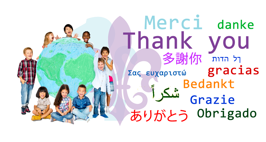 EIFA A diverse group of children stands and sits in front of a globe, with “Thank you for registering to International Open House” and “Thank you” written in multiple languages including English, French, Spanish, German, and more.