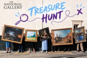 EIFA Five people standing in a row against a wall, each holding a different framed painting in front of their torso, with THE NATIONAL GALLERY TREASURE HUNT written in large text above them.