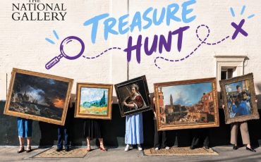 EIFA Five people standing in a row against a wall, each holding a different framed painting in front of their torso, with THE NATIONAL GALLERY TREASURE HUNT written in large text above them.