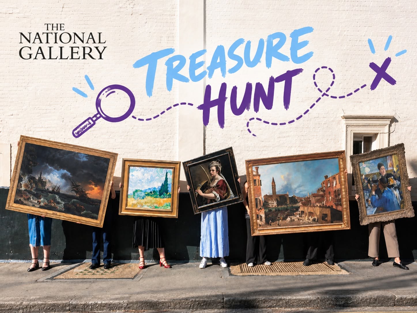 EIFA Five people standing in a row against a wall, each holding a different framed painting in front of their torso, with THE NATIONAL GALLERY TREASURE HUNT written in large text above them.