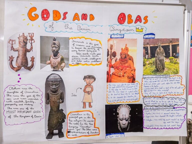 EIFA A colorful poster titled Gods and Obas of the Benin Kingdom features photos and drawings of Benin artifacts, statues, an illustrated character, handwritten notes, and decorative titles in orange, yellow, and blue.