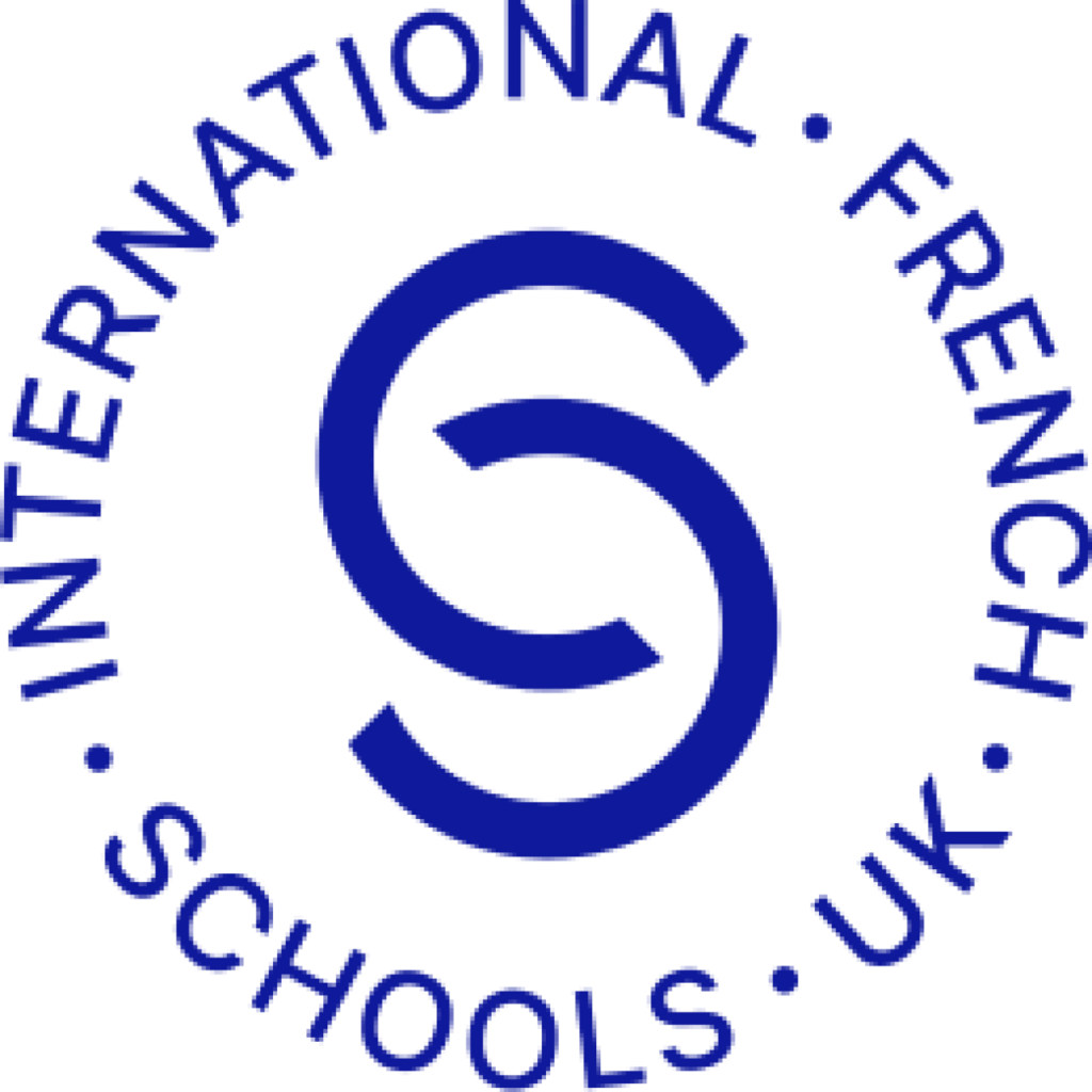 EIFA Logo des Écoles Françaises Internationales du Royaume-Uni, comportant deux lettres S stylisées bleues entrelacées au centre, entourées des mots INTERNATIONAL FRENCH SCHOOLS UK dans une disposition circulaire.