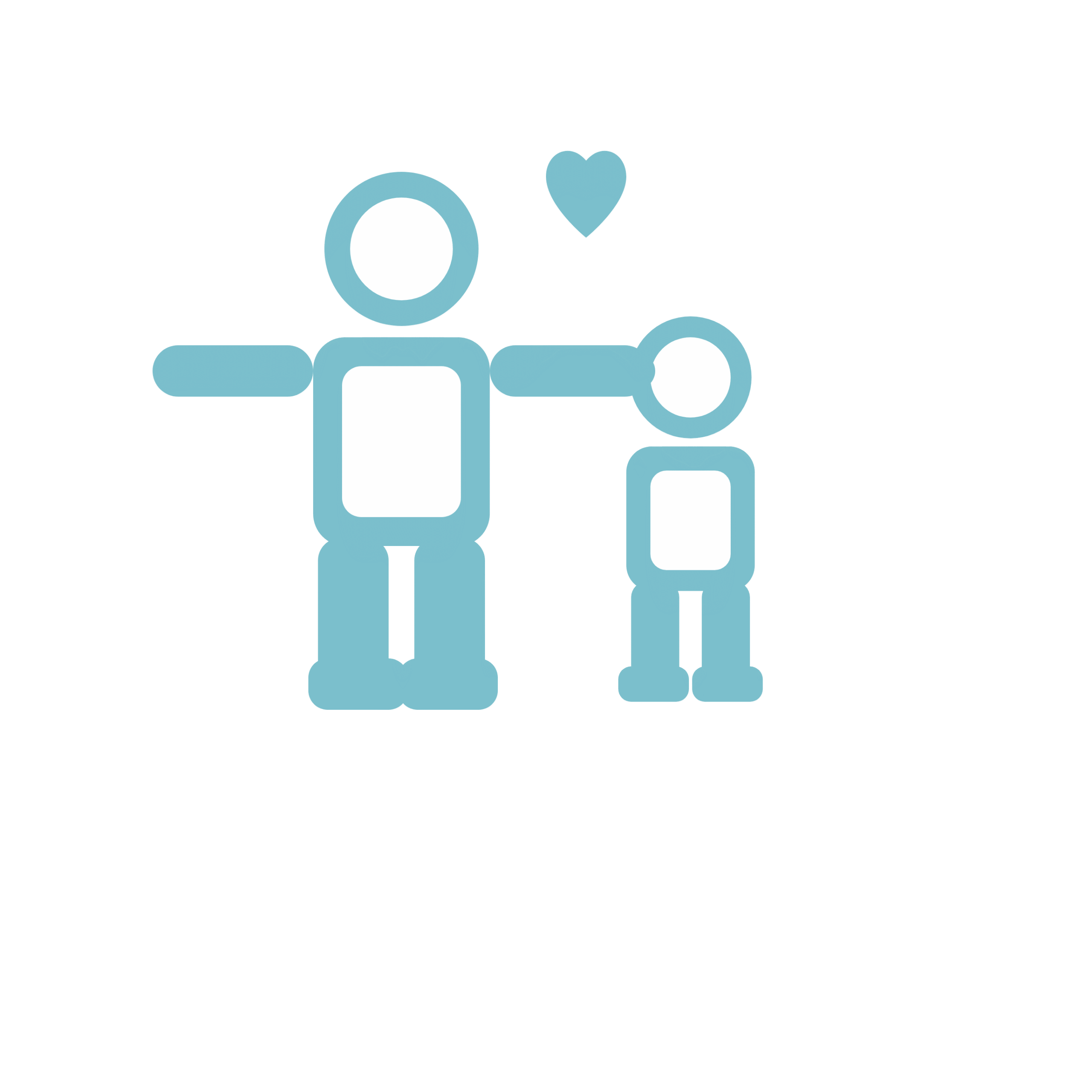 EIFA Light blue icons of two stick figures, one larger with an arm around a smaller figure and a heart above them, symbolizing the care found in our bilingual French/English school and nursery, set within a multicultural environment.