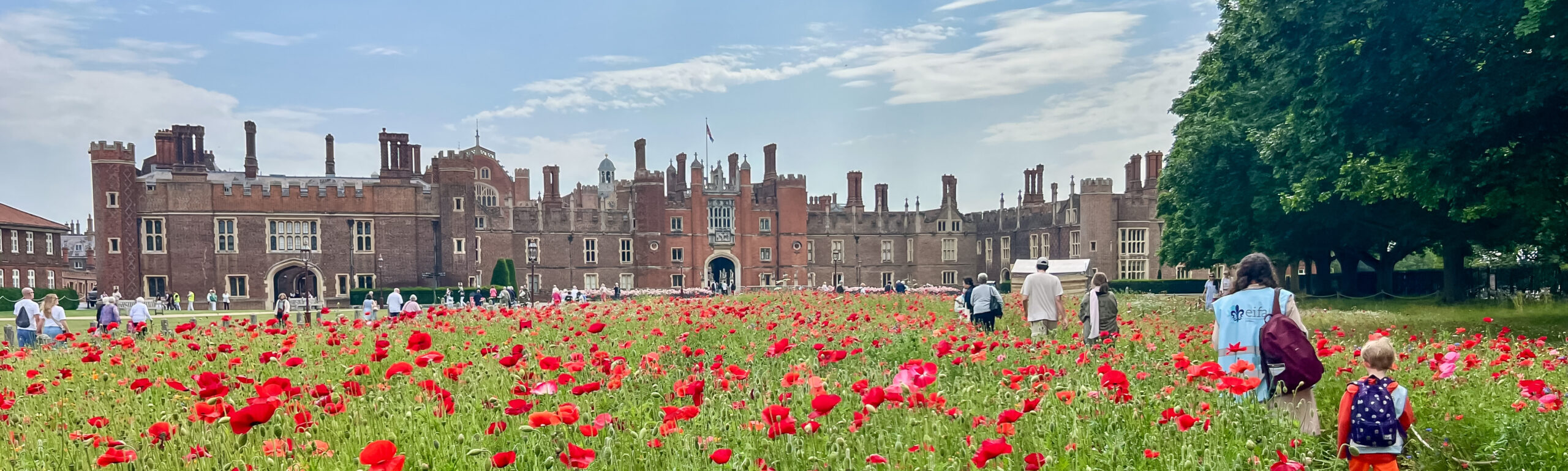 EIFA Year 3 and Year 4 visited the Isle of Wight, where people walk through a field of red poppies in front of a large historic brick building with many chimneys and turrets under a partly cloudy sky, surrounded by trees and groups of tourists.