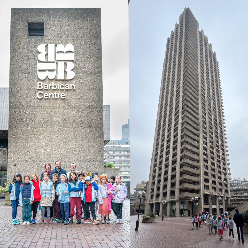 EIFA On the left, a group of children and adults from a bilingual school gather in front of the Barbican Centres entrance. On the right, theres a tall, modern skyscraper on a cloudy day with people walking below.
