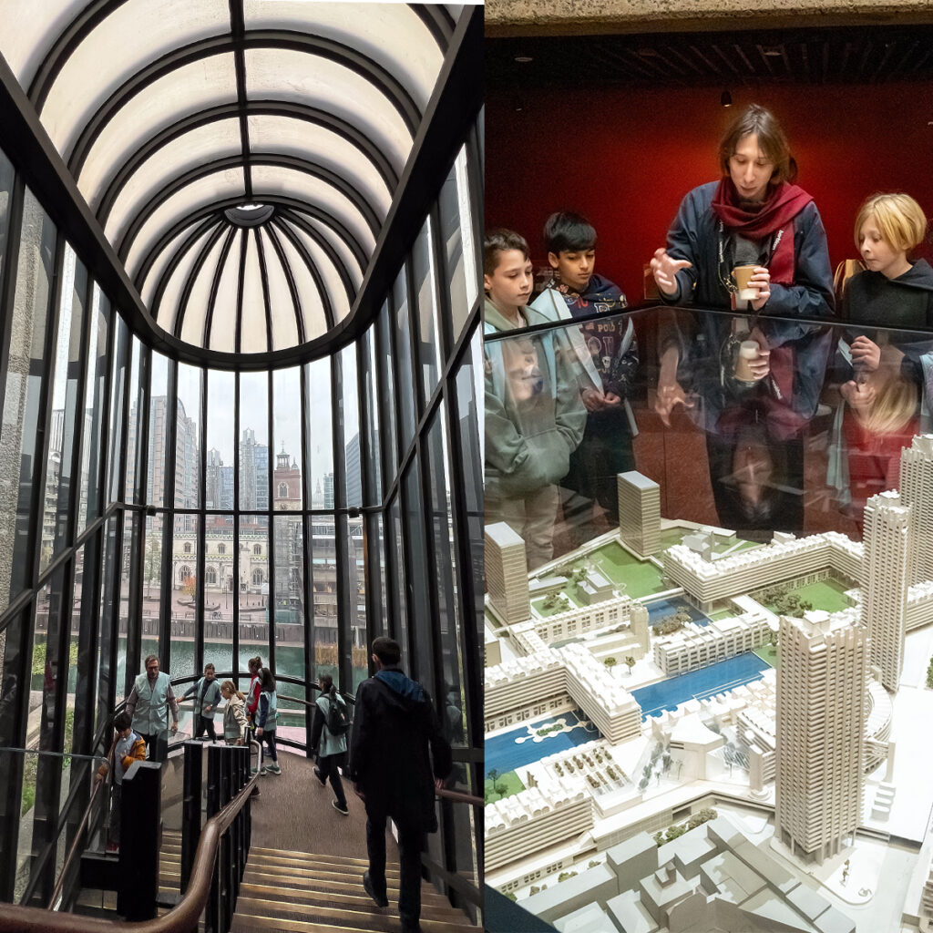 EIFA Left: A glass-enclosed stairwell with people ascending and descending, cityscape visible outside. Right: A group of children and an adult at EIFA in London, examining a large architectural model under glass in a red-walled room, fostering a bilingual learning environment.