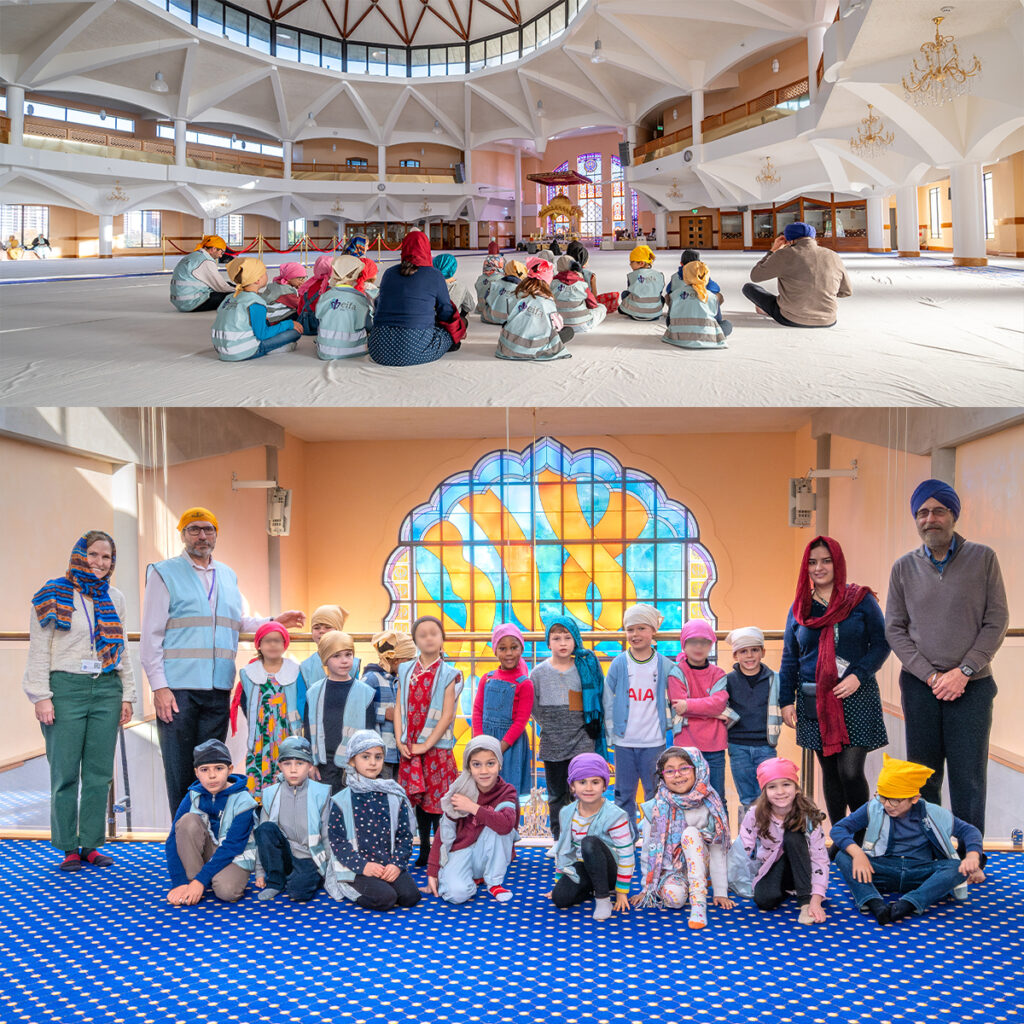 EIFA Two images capture the joyful atmosphere at EIFA. Top: Children, in colorful clothing and headscarves, sit in a circle engaging in bilingual activities. Bottom: Smiling children and adults pose with a decorative stained glass window behind them, showcasing the vibrant spirit of the school community.