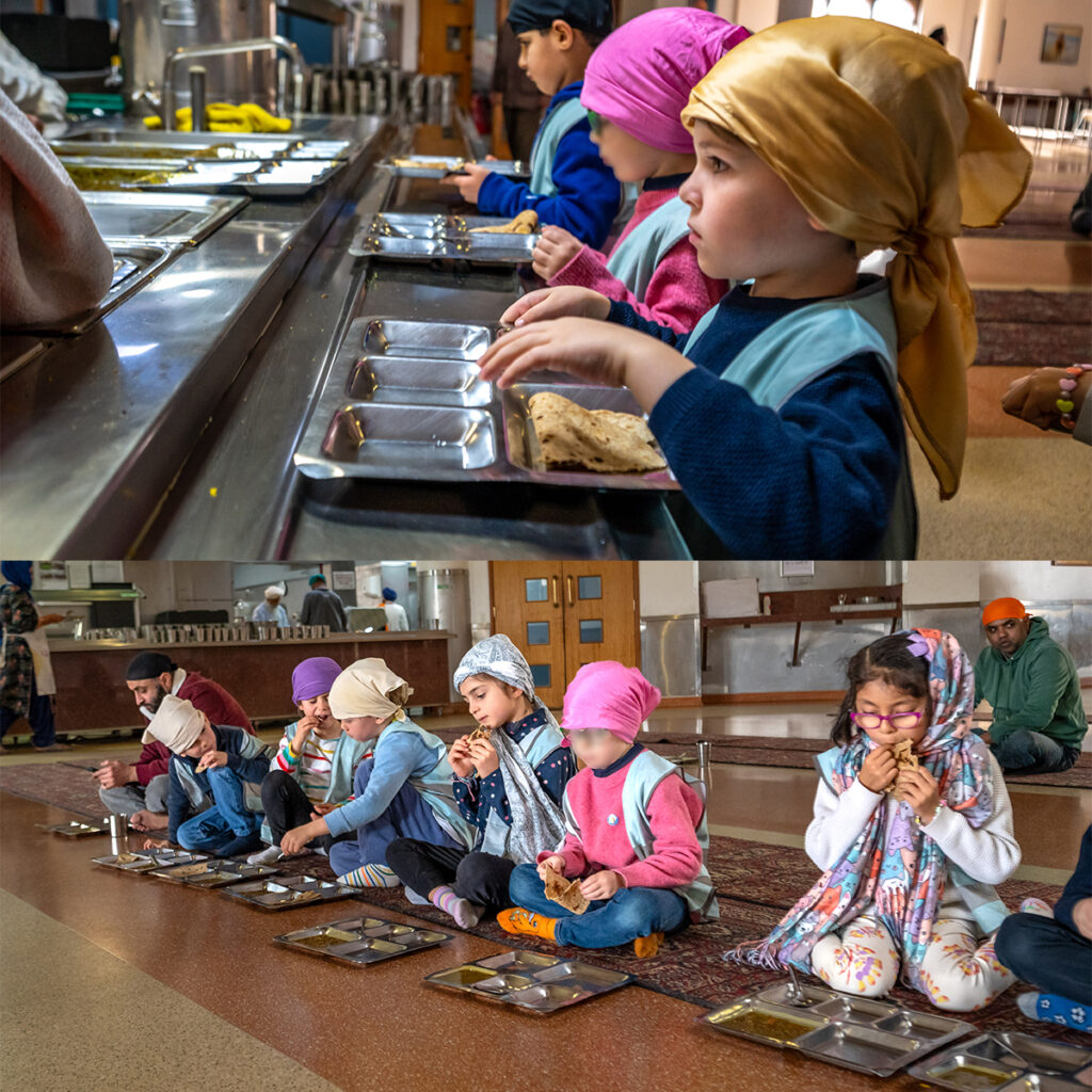 EIFA Children with head coverings line up at a food counter in the top image, then sit cross-legged on the floor, eating from metal trays, in the bottom image. The setting, likely a bilingual school in London, appears to be a communal dining area.