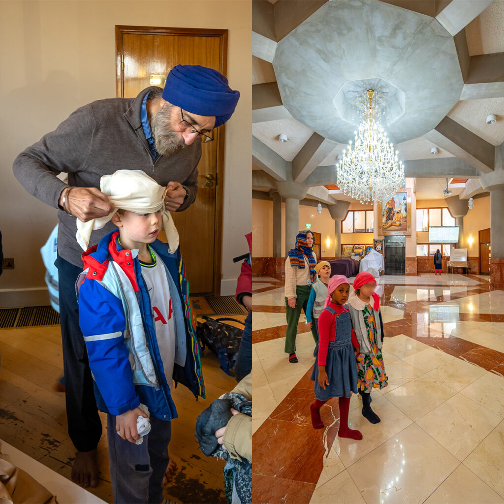 EIFA Left side: A man helps a child put on a turban in a room at the EIFA bilingual school. The child wears a blue and red jacket. Right side: A group of children and adults stand in a grand London hall with a chandelier and high ceiling.
