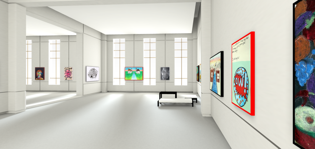 EIFA Located in the heart of London, this modern art gallery features tall windows and white walls, showcasing colorful artworks. With two benches for visitors to pause and admire, the well-lit and spacious setting creates an inviting atmosphere that echoes the creative spirit of EIFA School nearby.