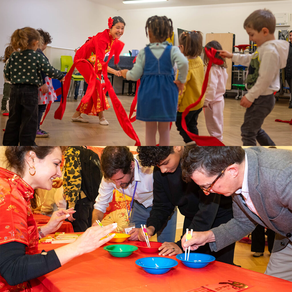 EIFA Des enfants aux vêtements colorés dansent avec une personne en costume rouge tenant un ruban. Ci-dessous, adultes et enfants sont réunis autour dune table pour apprendre à utiliser des baguettes, avec des bols contenant des bâtons en bois.