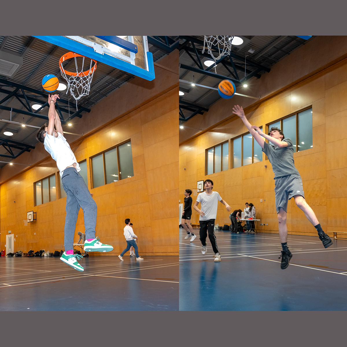 EIFA Two young men, possibly bilingual, are playing basketball indoors. The first is dunking the ball in vibrant green and pink shoes; the second shoots with an outstretched arm. Other players and observers are in the background, framed by wooden walls reminiscent of a classic London sports hall.