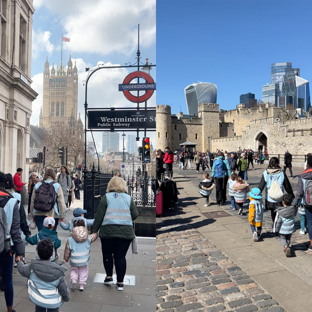 EIFA Split image: Left, people walk near Westminster Station sign with Big Ben in the background. Right, a group of tourists explore the Tower of London under a clear blue sky.